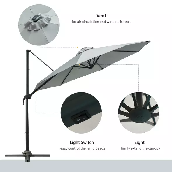 Outsunny 3(m) LED Cantilever Parasol Garden Sun Umbrella w/ Cross Base and Solar Lights Grey - 7