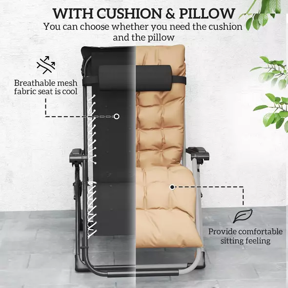 Outsunny 2 Piece Reclining Zero Gravity Sun Loungers with Cushions, Khaki - 6