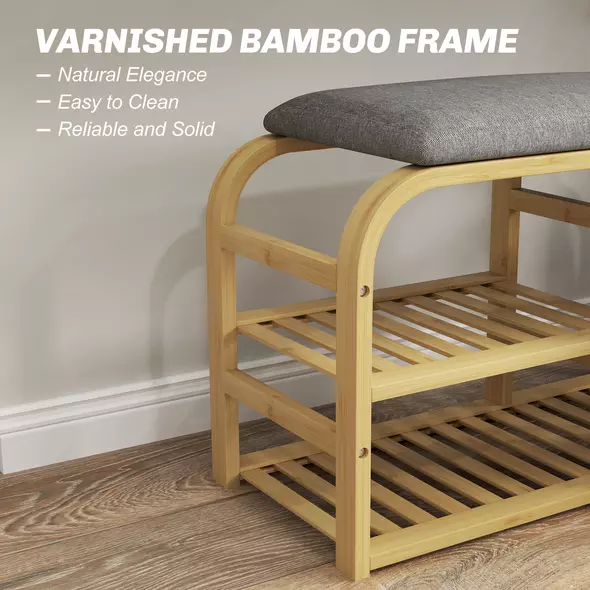 HOMCOM Bamboo Shoe Rack Bench with Padded Seat - Nature Wood Finish - 6