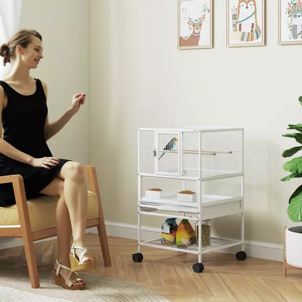 PawHut Bird Cage with Rolling Stand, Acrylic Viewing Panels, Storage Shelf, for Budgie, Parakeet, 48 x 46 x 83 cm - 2