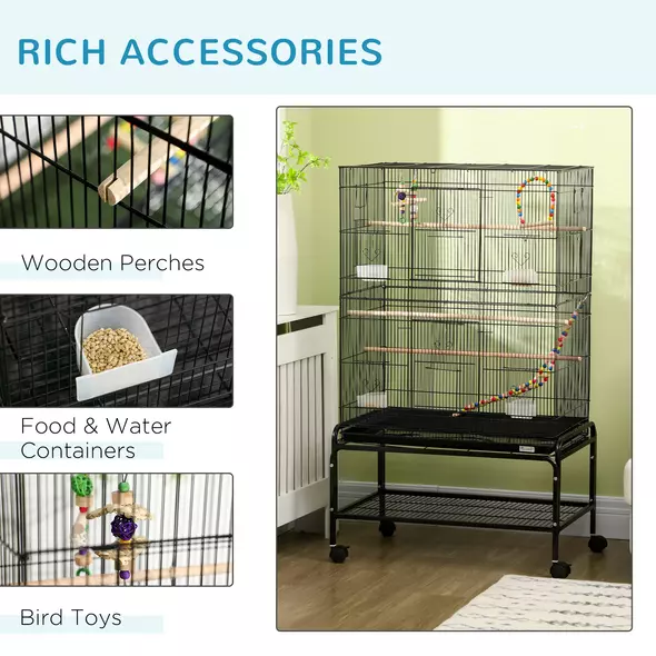 PawHut Large Bird Cage Budgie Cage with Stand, Toys, Wheels, Accessories, Storage Shelf for Canaries, Finches, Lovebirds, Parakeets - Black, 79 x 49 x 133 cm - 5