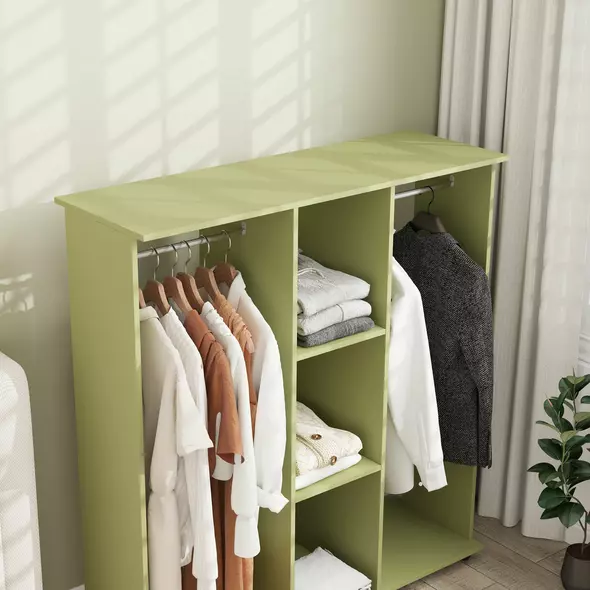 HOMCOM Open Wardrobe Double Mobile Storage Shelves Organizer W/6 Wheels-Green - 8