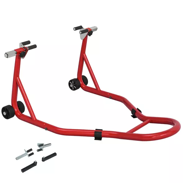 HOMCOM Front Motorcycle Paddock Stand Motorbike Stand with Anti-Slip Mat, Adjustable Pin and Swingarm Spool Adaptors, 200 kg Capacity, for 18", 17" and 10" Tyre, Red - 1