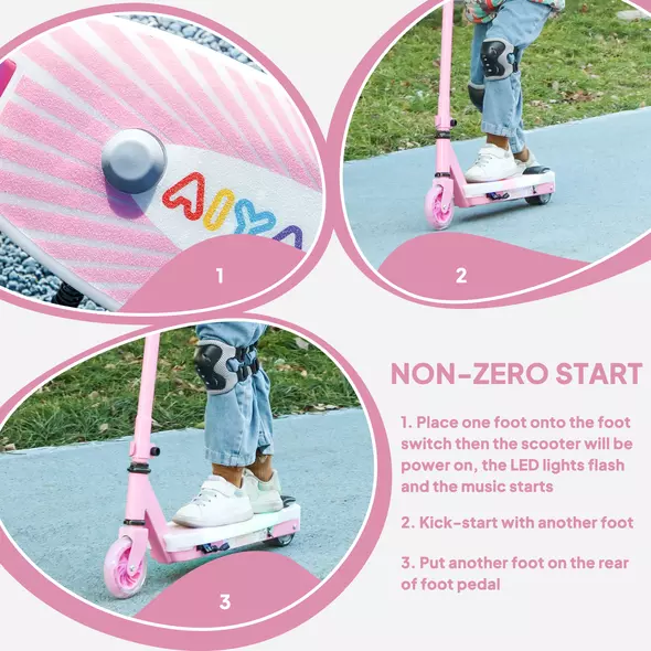 AIYAPLAY Electric Scooter for Kids Aged 4-7 Years, with Flashing LED Lights, Rear Auxiliary Wheels, Pink - 6