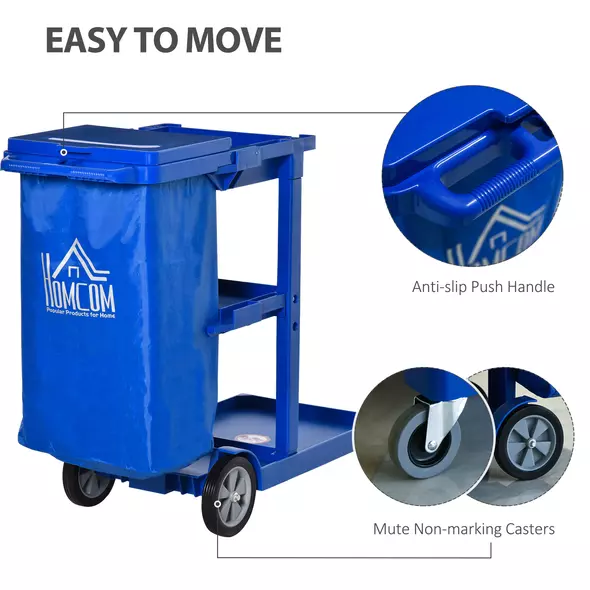 HOMCOM Janitor Cleaning Trolley, with Bin, Shelves and Hooks - Blue - 5