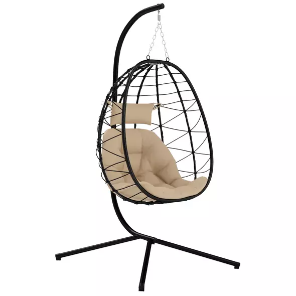 Outsunny Hanging Egg Chair Outdoor Indoor Garden Swing Chair with Folding Basket, Thickened Cushion, Garden Hanging Chair with Stand, Headrest for Patio, Balcony, Khaki - 1