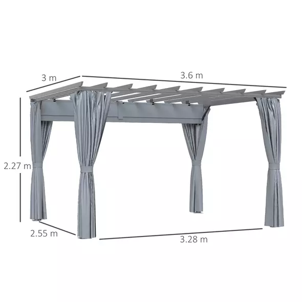 Outsunny 3.6 x 3(m) Outdoor Pergola with Retractable Roof and Curtains, Garden Gazebo Canopy Sun Shade Shelter with Aluminum Frame, Dark Grey - 3