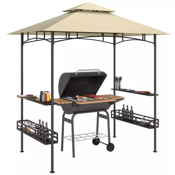 Outsunny 8' x 5' Grill Gazebo Canopy, Double Tiered Outdoor BBQ Gazebo Shelter with 2 Side Shelves, Storage Baskets, Hook for Garden, Patio, Barbecue, Picnic, Beige - 1