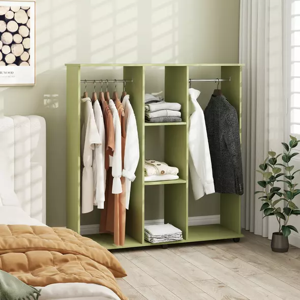 HOMCOM Open Wardrobe Double Mobile Storage Shelves Organizer W/6 Wheels-Green - 2