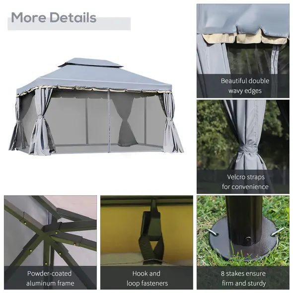 Outsunny 3 x 4m Aluminium Garden Gazebo, Marquee Canopy Shelter Pavilion Party Tent with Nets and Curtains for Garden and Deck, Grey - 5
