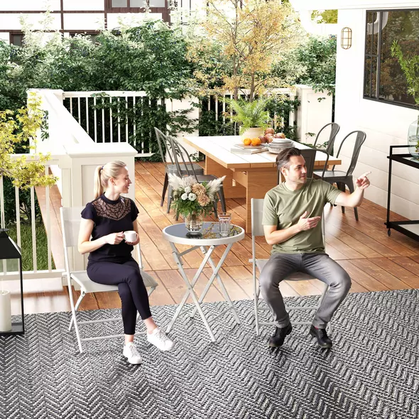 Outsunny 3 Pieces Outdoor Bistro Set, Glass Top Outdoor Table and 2 Folding Chairs with Protecting Feet, White - 8