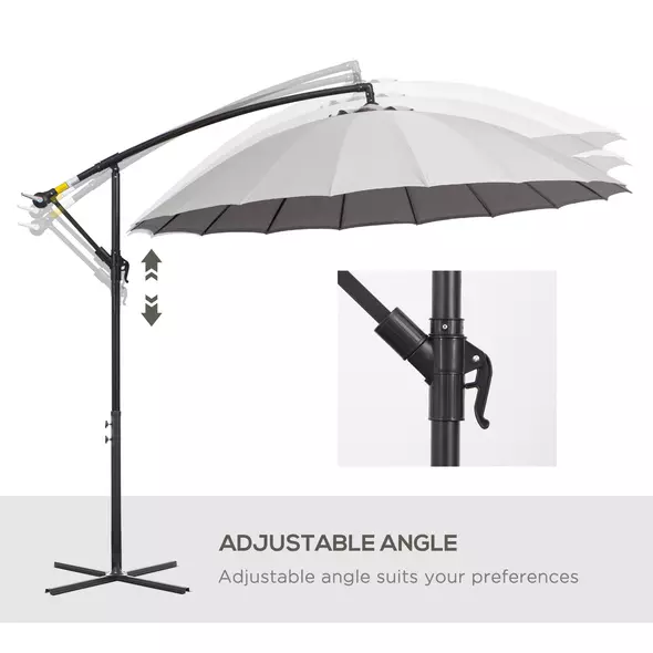 Outsunny 3(m) Cantilever Umbrella 18 Ribs & Vents Adjustable Angle for Patio Light Grey - 5