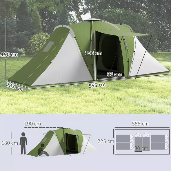 Outsunny Large Camping Tent Tunnel Tent with 2 Bedroom and Living Area, 2000mm Waterproof, Portable with Bag for 4-6 Man, Green - 3