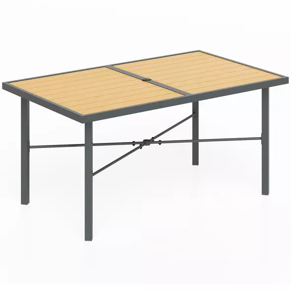 Outsunny Garden Table for 6, 150 cm Rectangular Outdoor Dining Table with 5 cm Umbrella Hole, Wood Effect Top, Rust Resistant Frame, for Patio, Balcony, Terrace, Natural Wood Finish - 1