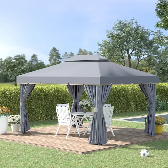 Outsunny 3 x 4m Aluminium Garden Gazebo, Marquee Canopy Shelter Pavilion Party Tent with Nets and Curtains for Garden and Deck, Grey - 2