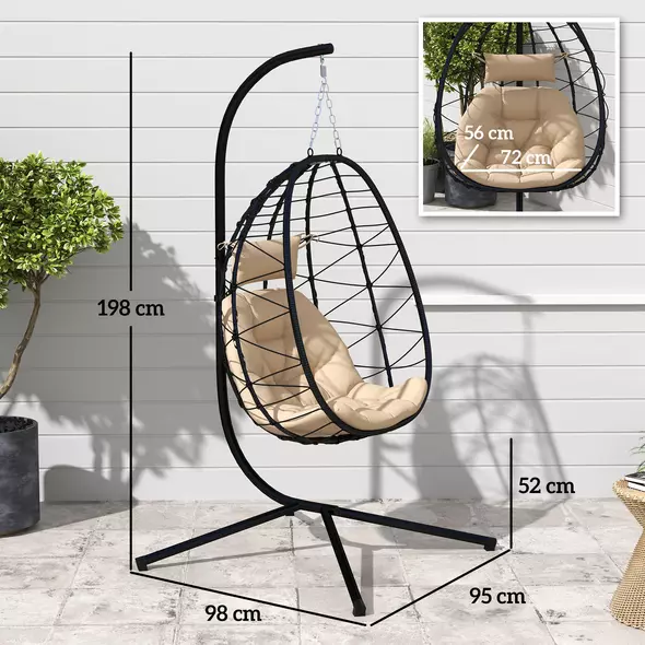 Outsunny Hanging Egg Chair Outdoor Indoor Garden Swing Chair with Folding Basket, Thickened Cushion, Garden Hanging Chair with Stand, Headrest for Patio, Balcony, Khaki - 3