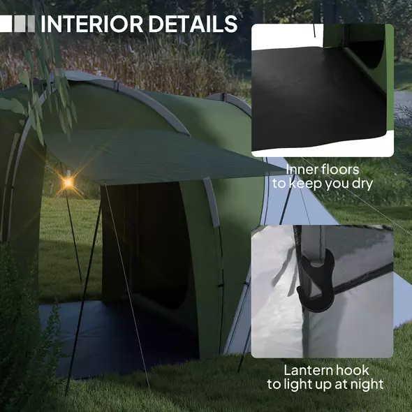 Outsunny Large Camping Tent Tunnel Tent with 2 Bedroom and Living Area, 2000mm Waterproof, Portable with Bag for 4-6 Man, Green - 6