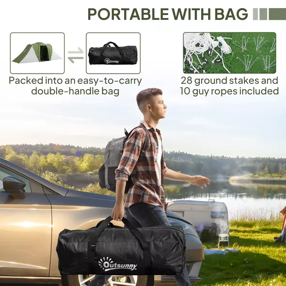 Outsunny Large Camping Tent Tunnel Tent with 2 Bedroom and Living Area, 2000mm Waterproof, Portable with Bag for 4-6 Man, Green - 7