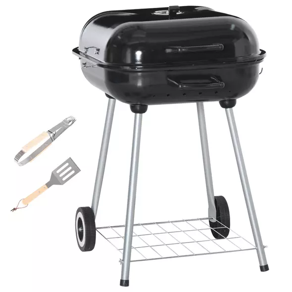Outsunny Portable BBQ Charcoal Grill with 2 Wheels and Cooking Utensils, Smoker Grill with Lid for Outdoor Barbecues, Camping, Picnic, Courtyard - 1