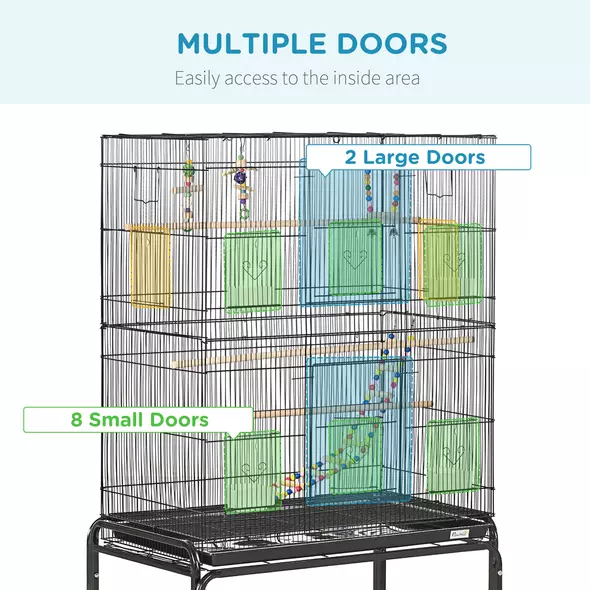 PawHut Large Bird Cage Budgie Cage with Stand, Toys, Wheels, Accessories, Storage Shelf for Canaries, Finches, Lovebirds, Parakeets - Black, 79 x 49 x 133 cm - 4