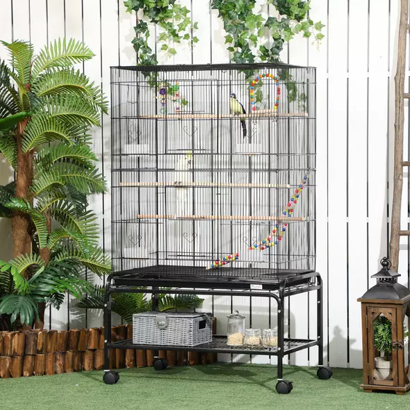 PawHut Large Bird Cage Budgie Cage with Stand, Toys, Wheels, Accessories, Storage Shelf for Canaries, Finches, Lovebirds, Parakeets - Black, 79 x 49 x 133 cm - 2