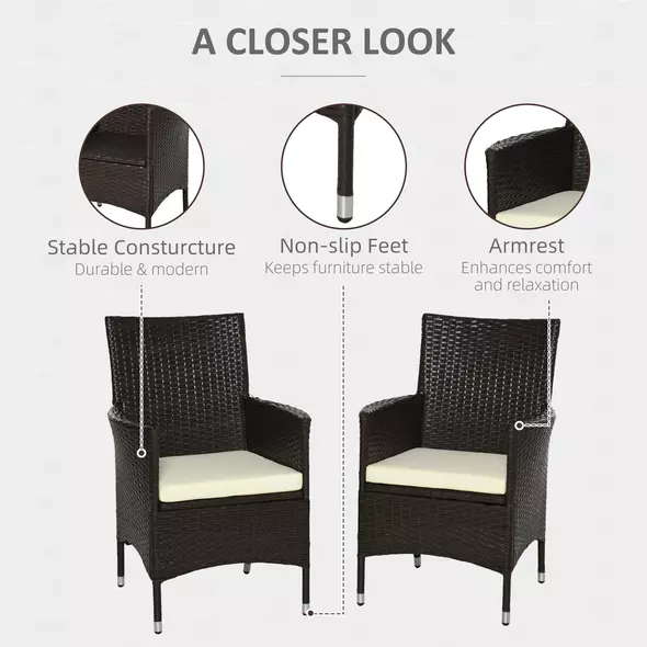 Outsunny 2 Pieces Outdoor PE Rattan Dining Chairs Set with Cushion, Garden Armchair with Armrests, High Backrest, Metal Frame Patio Wicker Furniture, Coffee - 4