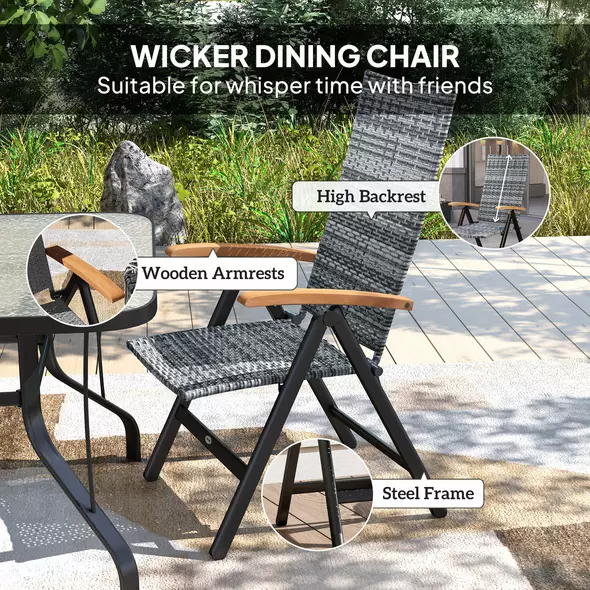 Outsunny Folding Rattan Garden Dining Chair with 5-level Reclining High Back, Wood Armrests for Outdoor, Patio - Light Grey - 4