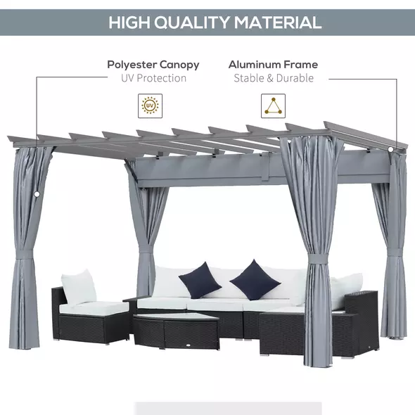 Outsunny 3.6 x 3(m) Outdoor Pergola with Retractable Roof and Curtains, Garden Gazebo Canopy Sun Shade Shelter with Aluminum Frame, Dark Grey - 4