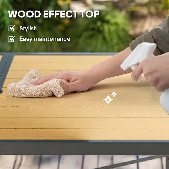 Outsunny Garden Table for 6, 150 cm Rectangular Outdoor Dining Table with 5 cm Umbrella Hole, Wood Effect Top, Rust Resistant Frame, for Patio, Balcony, Terrace, Natural Wood Finish - 4