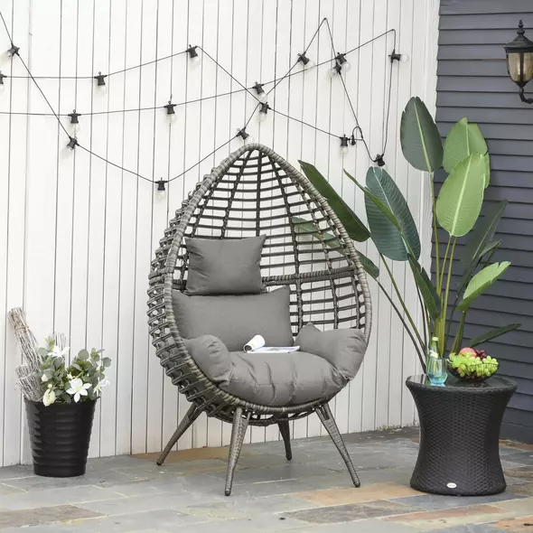 Outsunny Teardop PE Wicker Rattan Chair w/ Thick Cushions 4 Legs Outdoor Seat Egg Garden - 2