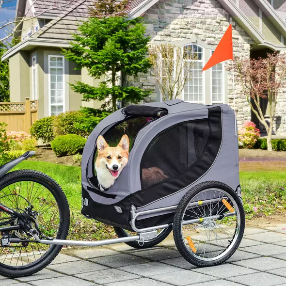 PawHut Steel Dog Bike Trailer Pet Cart Carrier for Bicycle Kit Water Resistant with Hitch Coupler Travel Grey and Black - 2