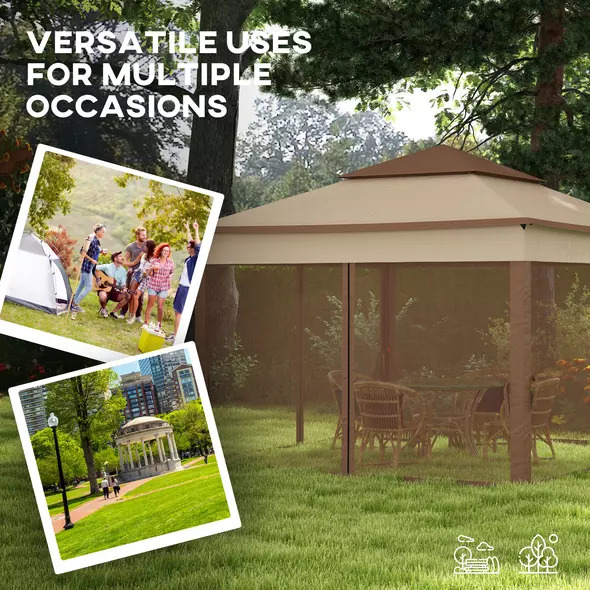Outsunny 3 x 3(m) Pop Up Gazebo, Double-roof Garden Tent with Netting and Carry Bag, Party Event Shelter for Outdoor Patio, Khaki - 4