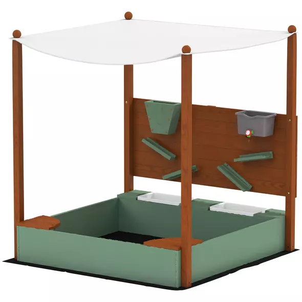 AIYAPLAY Wood Sandpit with Canopy, Storage Bins, Funnel, Liner, Chutes, Bucket with Tap, 116 x 112.5 x 128 cm, Green - 1
