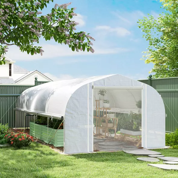 Outsunny 19.5 x 9.8ft Tunnel Greenhouse, with Accessories - White - 2