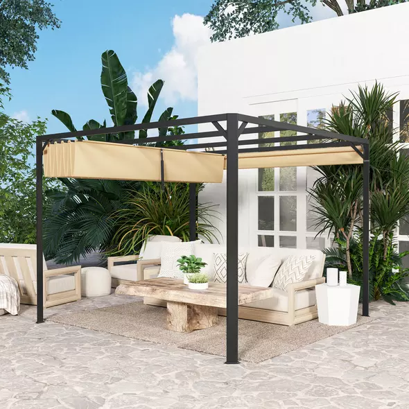 Outsunny 3 x 3m Aluminium Pergola, with Retractable Roof and Wall - Khaki - 9