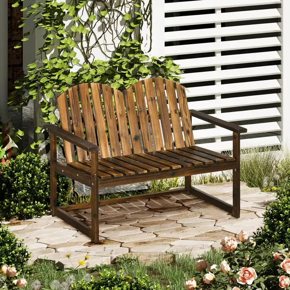 Outsunny Outdoor Wooden Garden Bench, Patio Loveseat Chair with Slatted Backrest and Smooth Armrests for Two People, for Yard, Lawn, Porch, Carbonised Finish - 2