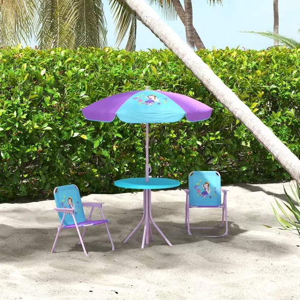 Outsunny Kids Picnic Table and Chair Set, Fairy Themed Outdoor Garden Furniture w/ Foldable Chairs, Adjustable Parasol - 9