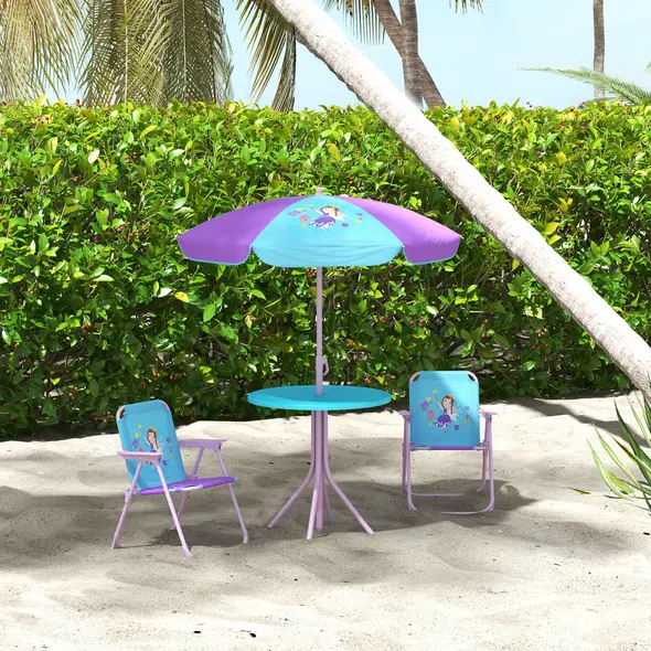 Outsunny Kids Picnic Table and Chair Set, Fairy Themed Outdoor Garden Furniture w/ Foldable Chairs, Adjustable Parasol - 9