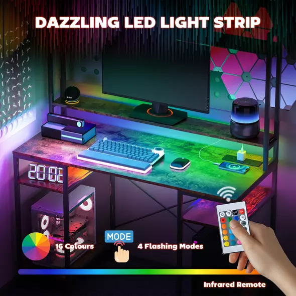 HOMCOM Computer Desk with Power Outlets and LED Lights, Home Office Desk with Monitor Stand, 2 CPU Stands and Storage Shelves, Study Table Gaming Desk with Hutch, Rustic Brown - 5