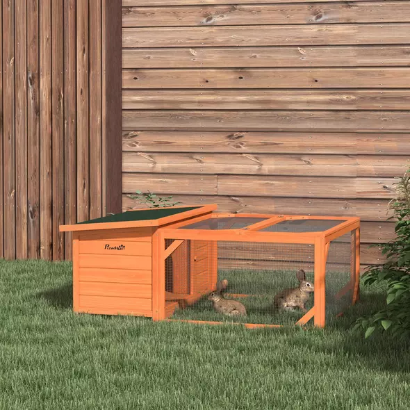 PawHut Rabbit Hutch Outdoor Guinea Pig Hutch with Run Small Animal Off-ground Duck House Hideaway Garden with Openable Roof 125.5 x 100 x 49cm Orange - 2