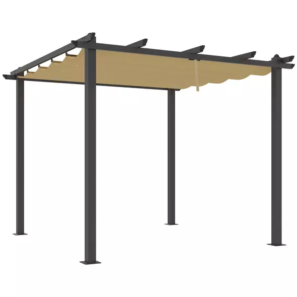 Outsunny 3 x 3m Aluminium Pergola, with Retractable Roof - Khaki - 1