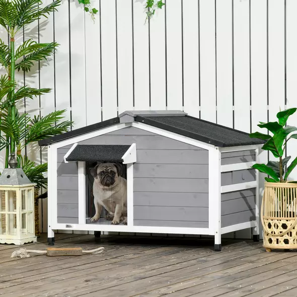 PawHut Wooden Dog Kennel for Outside, for Medium Dogs, 65H x 97L x 72Wcm, Grey - 2