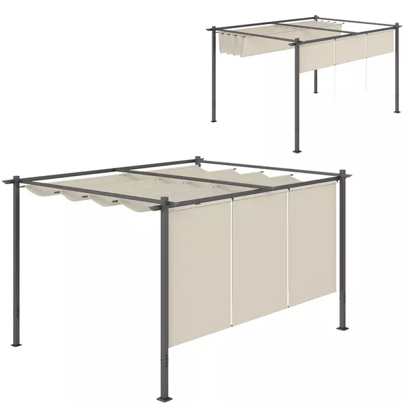Outsunny 3 x 4m Metal Pergola with Retractable Roof and Roller Shade, Free Standing Gazebo Canopy Pergola Kit, UPF30+ Outdoor Sun Shelter, Beige - 1