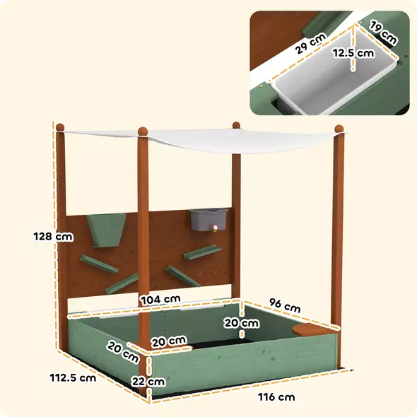 AIYAPLAY Wood Sandpit with Canopy, Storage Bins, Funnel, Liner, Chutes, Bucket with Tap, 116 x 112.5 x 128 cm, Green - 3