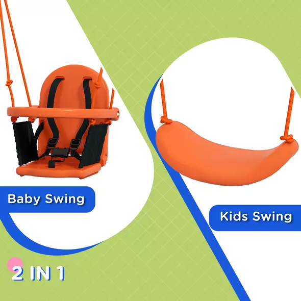 Outsunny Two-In-One Toddler Garden Swing, with Comfortable Seat, Safety Belt - Orange and Blue - 5
