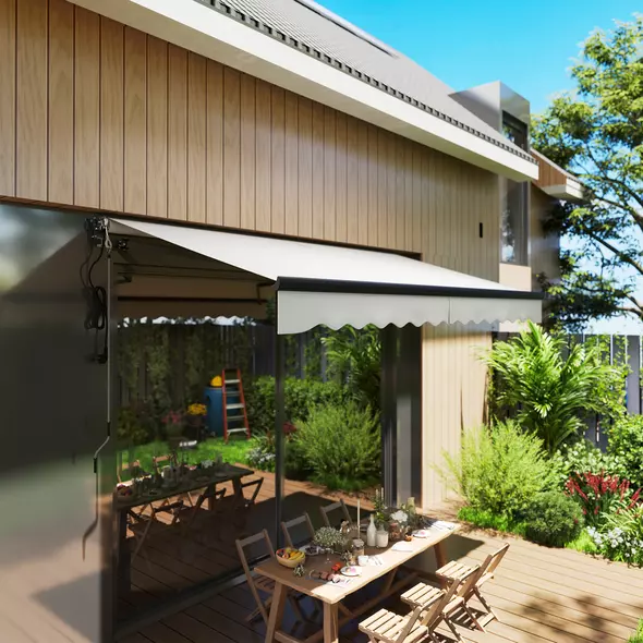 Outsunny 3.5 x 3(m) Electric Awning with Remote Controller, Aluminium Frame DIY Retractable Awning, UPF30+ Sun Shade Canopy for Garden Patio Deck Door Window, Light Grey - 2