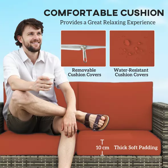 Outsunny Rattan Sofa, 2 Seater Garden Furniture with Soft Padded Cushion and Armrests, Wicker Garden Loveseat for Patio, Grey - 5