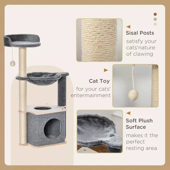 PawHut Cat Tree for Indoor Cats 95cm Climbing Tower Kitten Activity Center with Sisal Scratching Post Perch Roomy Condo Hammock Removable Felt Hanging Toy, Grey - 5