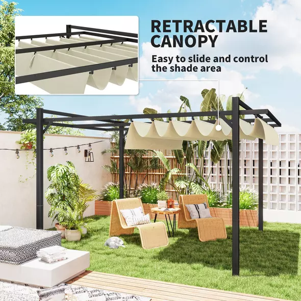 Outsunny 3 x 4m Aluminium Pergola, with Retractable Roof - Grey/Khaki - 4