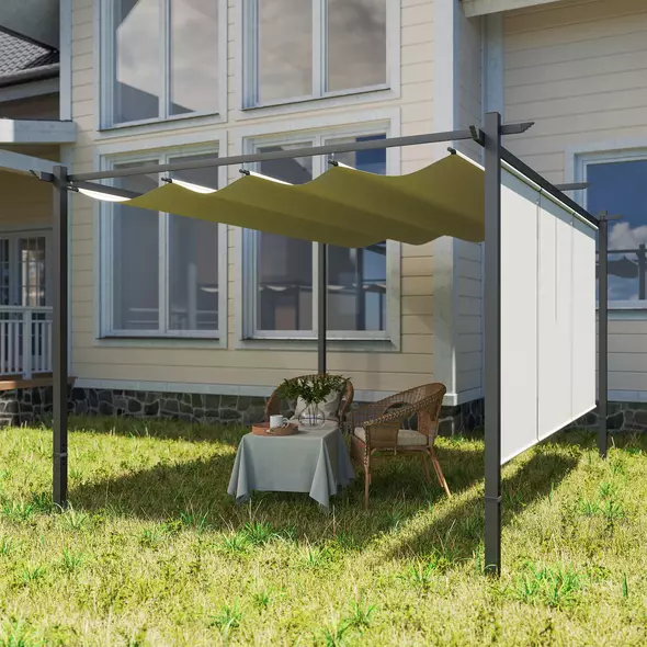 Outsunny 3 x 4m Metal Pergola with Retractable Roof and Roller Shade, Free Standing Gazebo Canopy Pergola Kit, UPF30+ Outdoor Sun Shelter, Beige - 9
